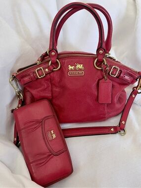 Coach Red Gathered Leather Lindsay Satchel Crossbody Shoulder Bag and wallet set